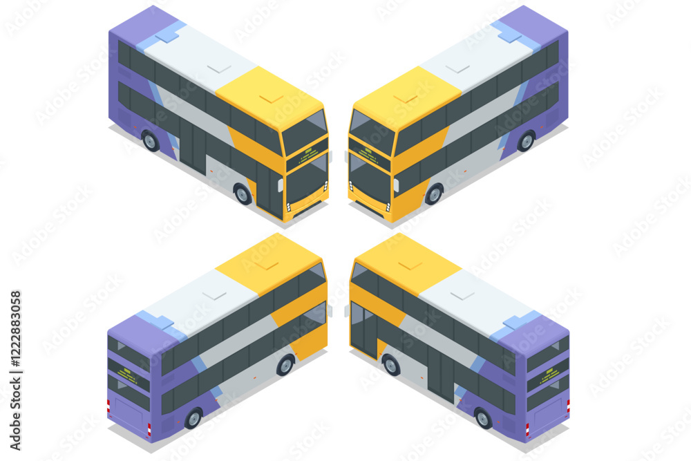 An isometric view of a double-decker bus in multiple perspectives, showcasing its vibrant yellow and purple design. Suitable for tourism and long routes. Travel vacation tourism tour public route