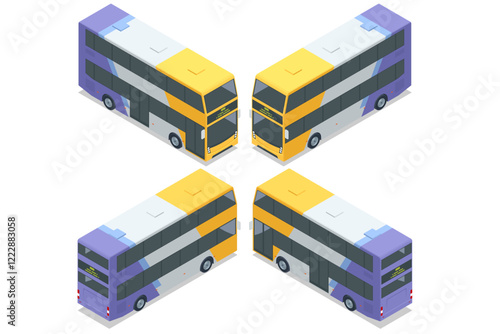 An isometric view of a double-decker bus in multiple perspectives, showcasing its vibrant yellow and purple design. Suitable for tourism and long routes. Travel vacation tourism tour public route