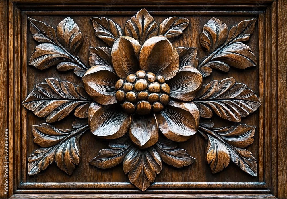 Wooden carved flower pattern on the door, with beautiful details and decorative elements. Wooden carved flower pattern on the door, with beautiful details and decorative elements.