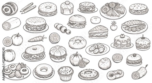 Delicious Food Sketch Collection Bagels Sandwiches Cakes photo