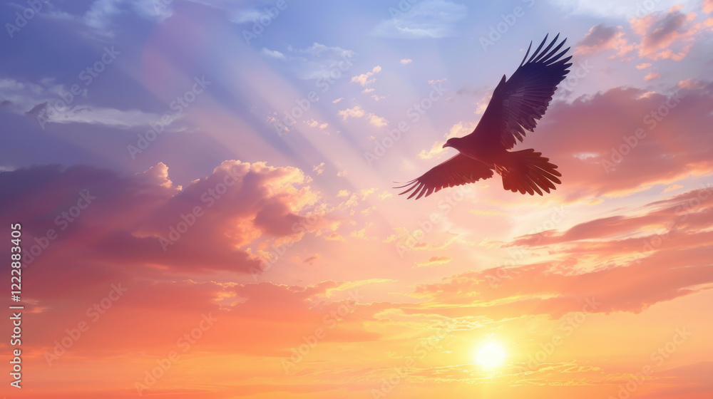 Obraz premium Majestic eagle soaring through colorful sunset sky, with vibrant clouds and sun rays illuminating scene, evoking sense of freedom and tranquility