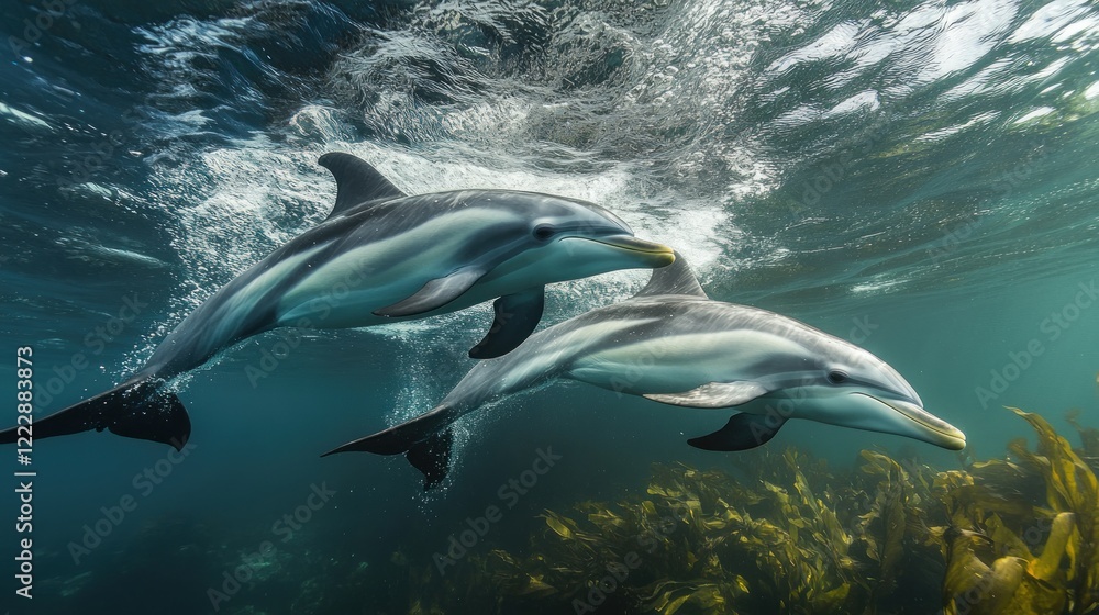 Fototapeta premium Two dusky dolphins swim gracefully through ocean kelp