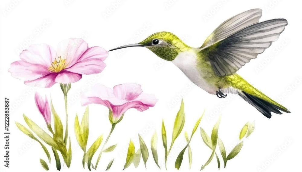Naklejka premium A vibrant hummingbird hovering near delicate pink flowers in a serene garden setting, showcasing nature's beauty