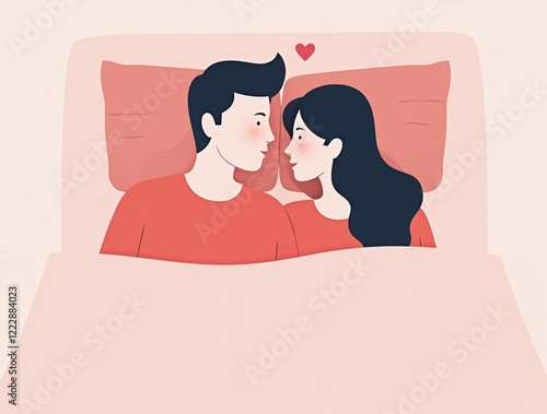  Loving couple smiling in bed under pink blanket
