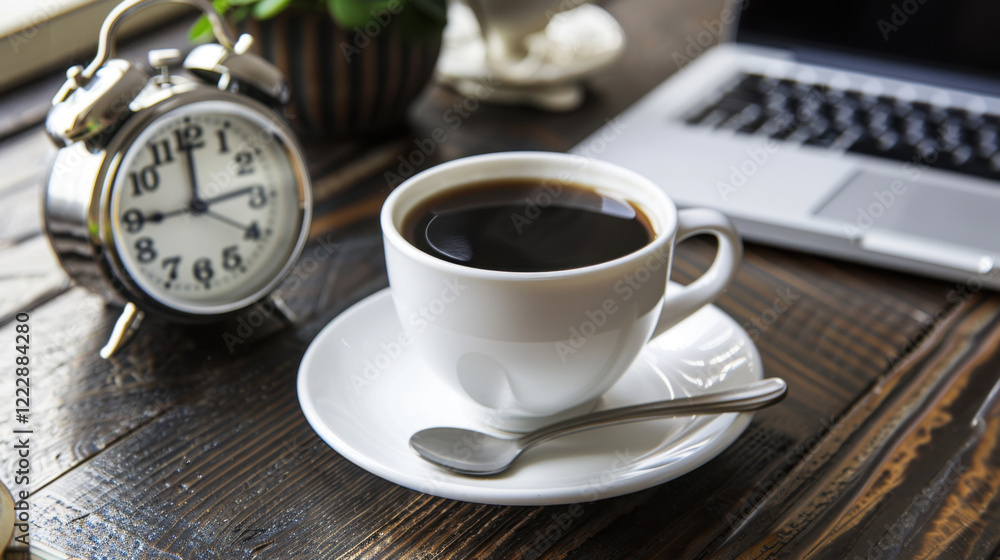 steaming cup of coffee on saucer beside alarm clock and laptop, creating cozy workspace atmosphere steaming cup of coffee on saucer beside alarm clock and laptop, creating cozy workspace atmosphere