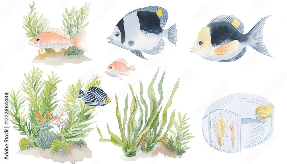 Naklejka premium Colorful underwater scene featuring various fish swimming among vibrant aquatic plants in a serene habitat