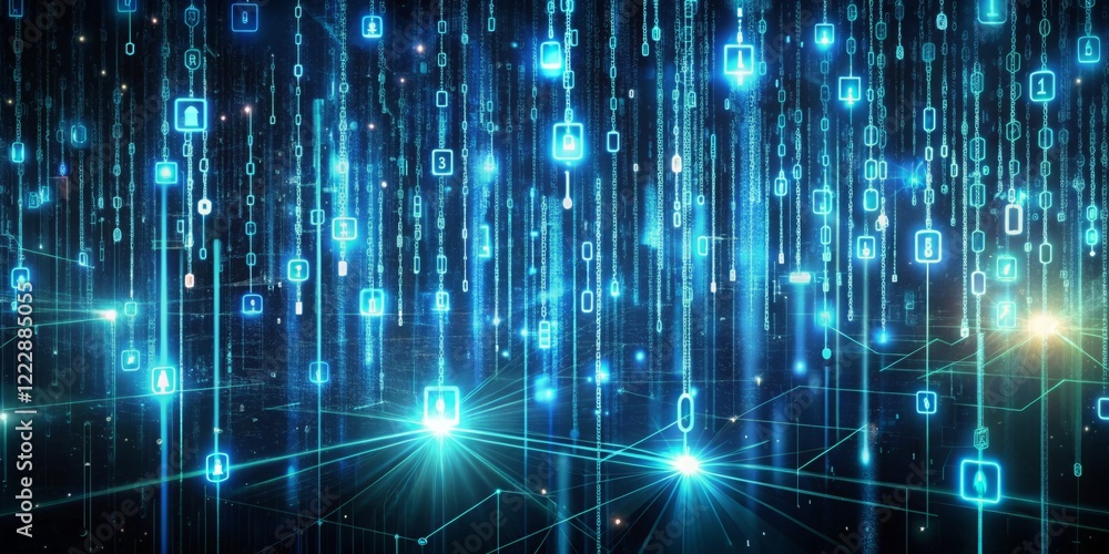 Abstract Digital Data Stream with Bright Blue Glowing Elements Abstract Digital Data Stream with Bright Blue Glowing Elements