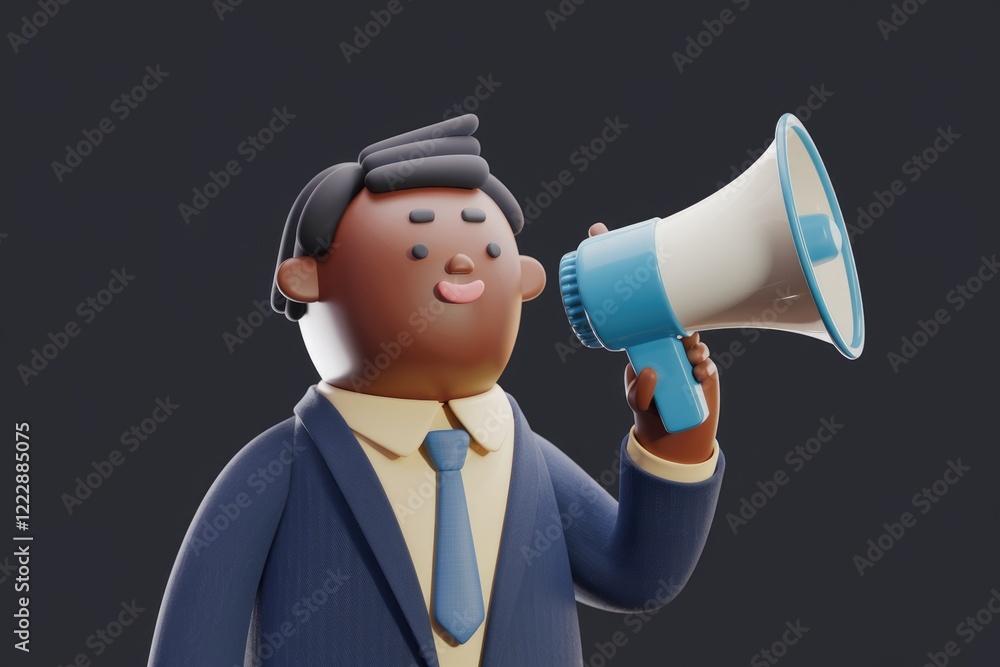 A 3D rendered cartoon businessman happily announces news using a megaphone. A 3D rendered cartoon businessman happily announces news using a megaphone.
