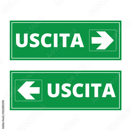 Green uscita signs with arrows on a white background (trad exit)