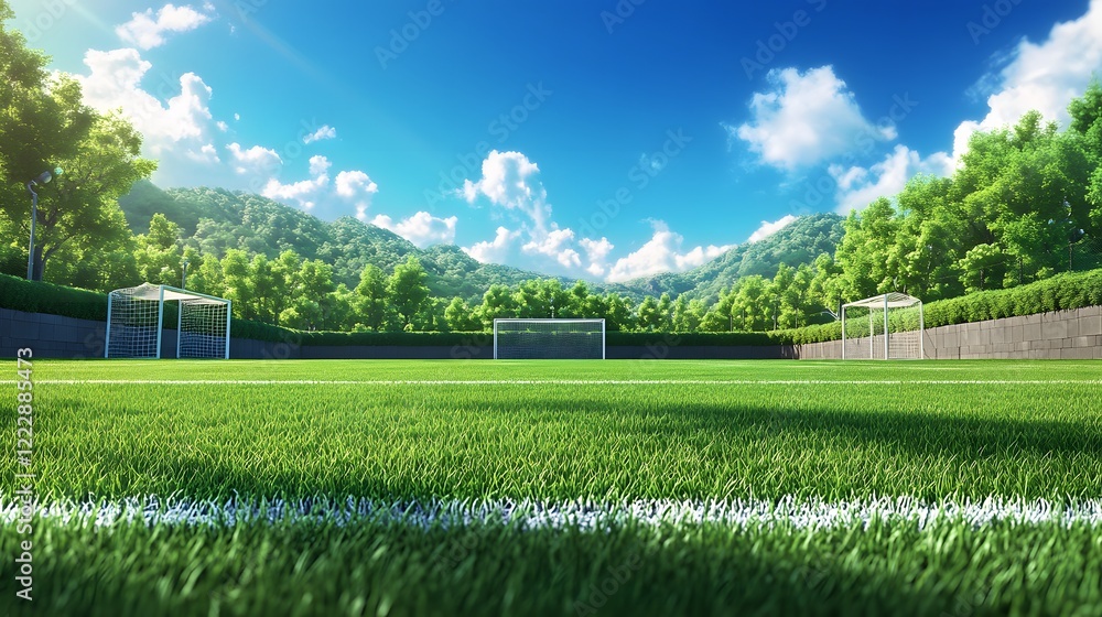 Natural Grass Field – A vibrant soccer field with lush green natural grass, perfectly manicured lines, and goalposts at either end, under a bright blue sky – realistic and energizing Natural Grass Field – A vibrant soccer field with lush green natural grass, perfectly manicured lines, and goalposts at either end, under a bright blue sky – realistic and energizing