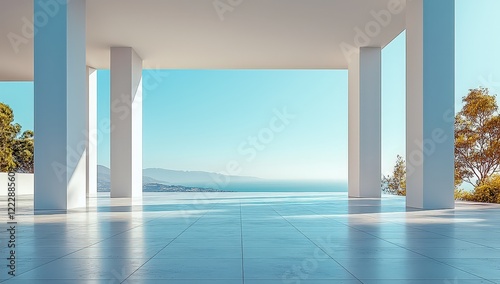 A white building with columns on the left side of an empty floor with a blue sky background. 