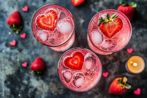 Two glasses of pink cocktails with heart-shaped ice cubes, fresh strawberries, cozy Valentine's Day setting with candles, top-down view
