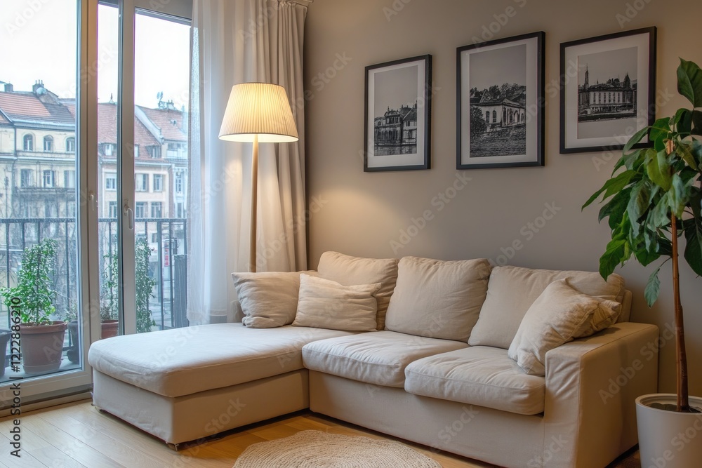 Fototapeta premium Relaxing living room with a light beige L-shaped sofa, floor lamp, and black-and-white photos on a gray wall. Sheer curtains and a glass door open to a balcony with charming old-fashioned buildings.
