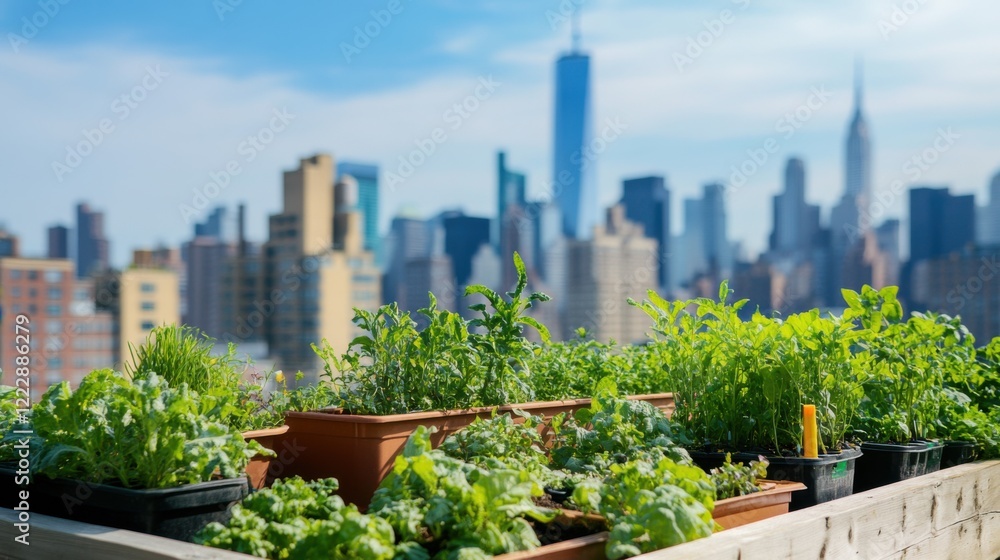 A city rooftop garden with urban skyline in the background, Rooftop gardening scene, Green style A city rooftop garden with urban skyline in the background, Rooftop gardening scene, Green style