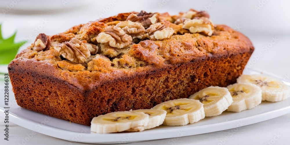 A loaf of banana bread with walnuts and slices visible, appetizing and freshly baked. A loaf of banana bread with walnuts and slices visible, appetizing and freshly baked.