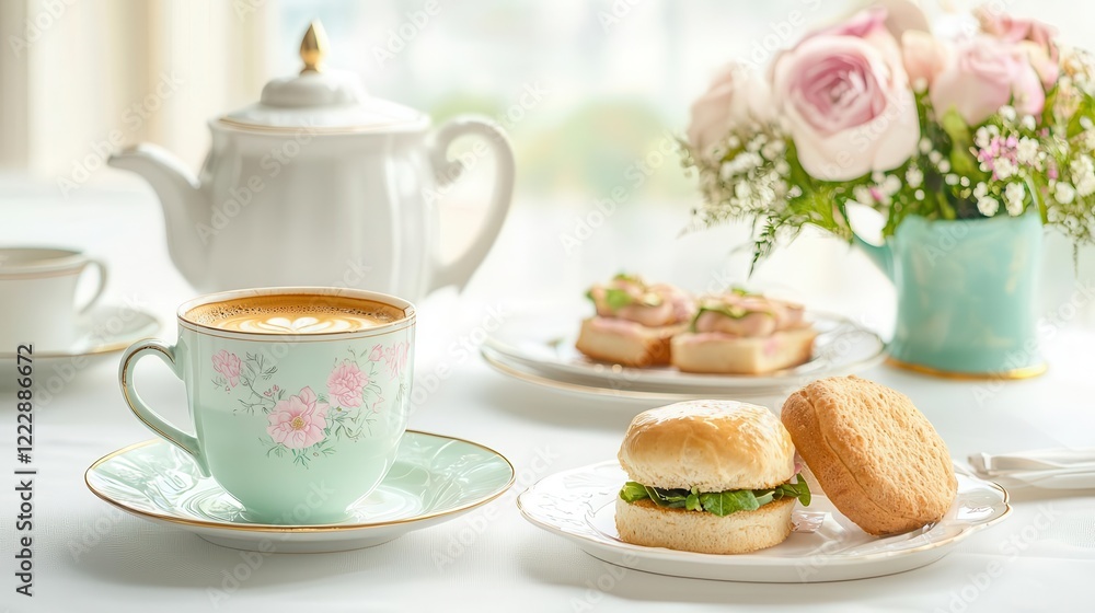 An elegant dining table set for high tea, presenting a masala coffee latte in an exquisite china cup, accompanied by delicate finger sandwiches and a decorative tea set. An elegant dining table set for high tea, presenting a masala coffee latte in an exquisite china cup, accompanied by delicate finger sandwiches and a decorative tea set.