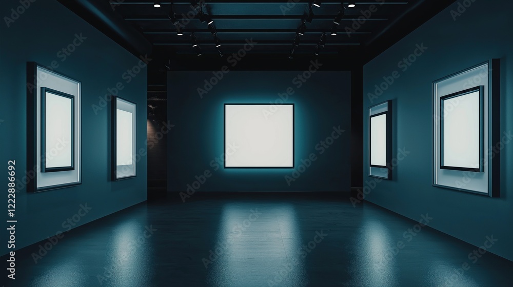 Spacious gallery with empty frames displayed Spacious gallery with empty frames displayed