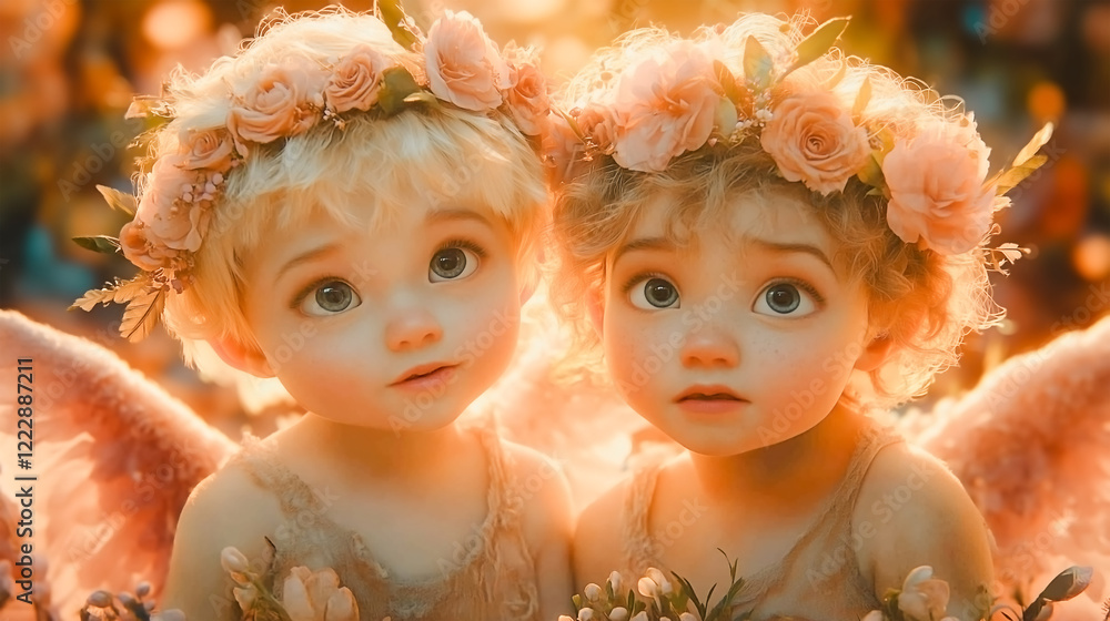 Two cute baby angels with blonde hair and big blue eyes, wearing flower crowns on their heads, Two cute baby angels with blonde hair and big blue eyes, wearing flower crowns on their heads,