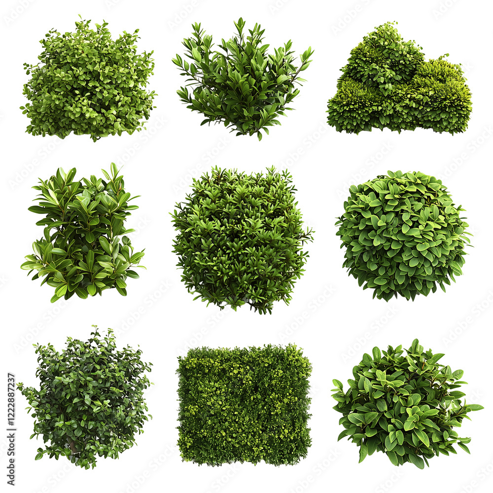 Set of lush garden bushes cut out, isolated on white background, nature elements isolated Set of lush garden bushes cut out, isolated on white background, nature elements isolated