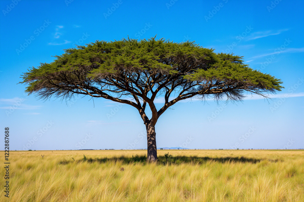 Lone acacia tree in savanna under clear blue sky Lone acacia tree in savanna under clear blue sky