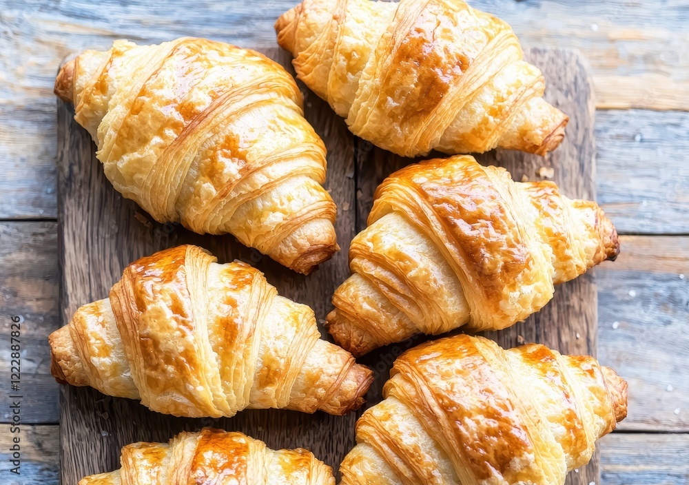 Close-up of freshly baked golden flaky croissants on display. Close-up of freshly baked golden flaky croissants on display.