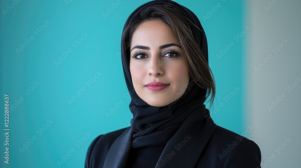 Confident businesswoman portrait, teal background, professional attire, modern office Confident businesswoman portrait, teal background, professional attire, modern office