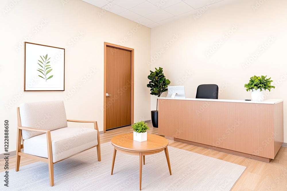 Fototapeta premium Modern office reception area featuring minimalist furniture, greenery, and a warm ambiance