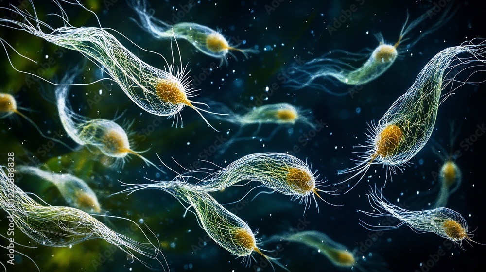 Obraz premium Protozoan Movement Water A scientific visualization of ciliated and flagellated protozoa navigating through aquatic environments