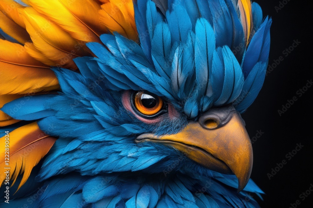 Fototapeta premium Vibrant blue orange parrot feathers close-up display