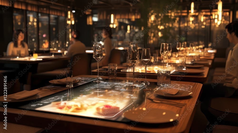 Upscale restaurant, diners enjoying interactive table Upscale restaurant, diners enjoying interactive table