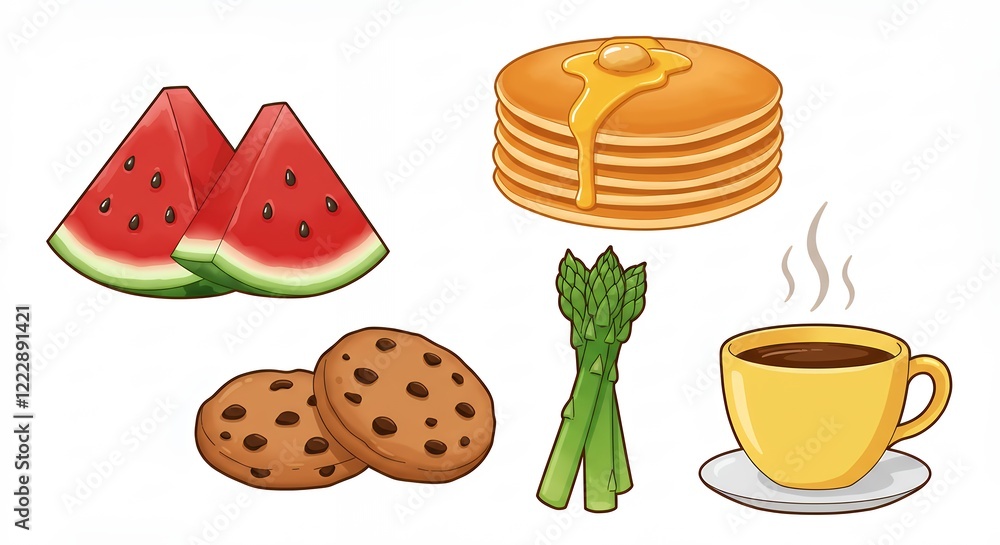 Delicious Breakfast Food Illustration with Watermelon and Pancakes Delicious Breakfast Food Illustration with Watermelon and Pancakes