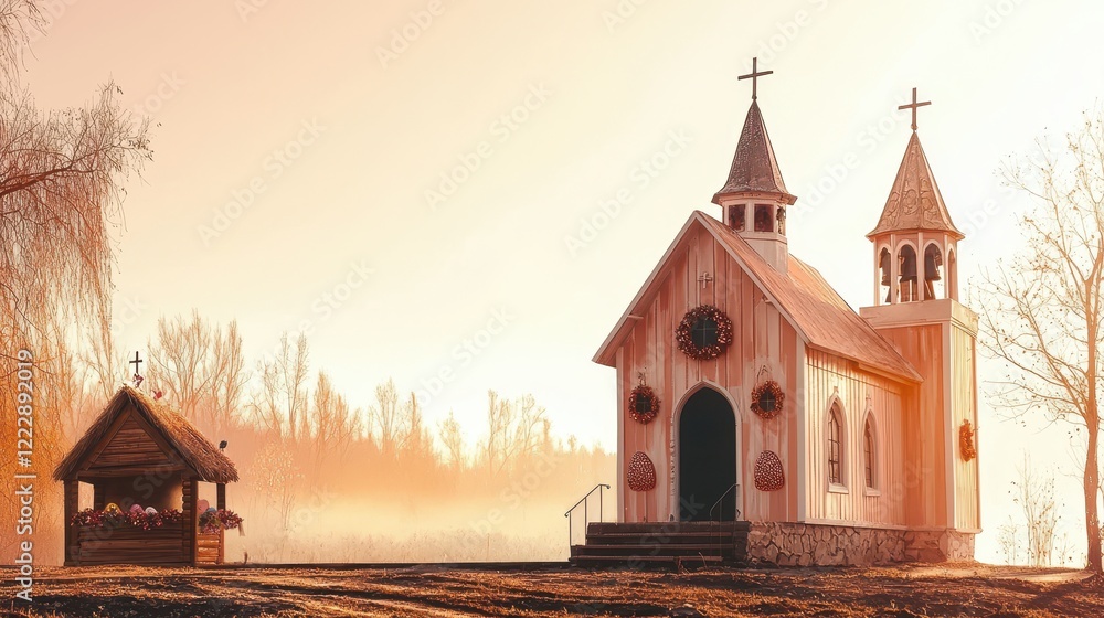 Obraz premium Small countryside chapel at sunrise with soft golden light and serene surroundings
