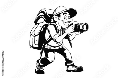 Vector illustration of a smiling tourist with camera and backpack and a happy look