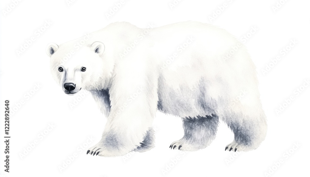 Fototapeta premium A realistic illustration of a polar bear walking gracefully, showcasing its majestic fur and powerful presence