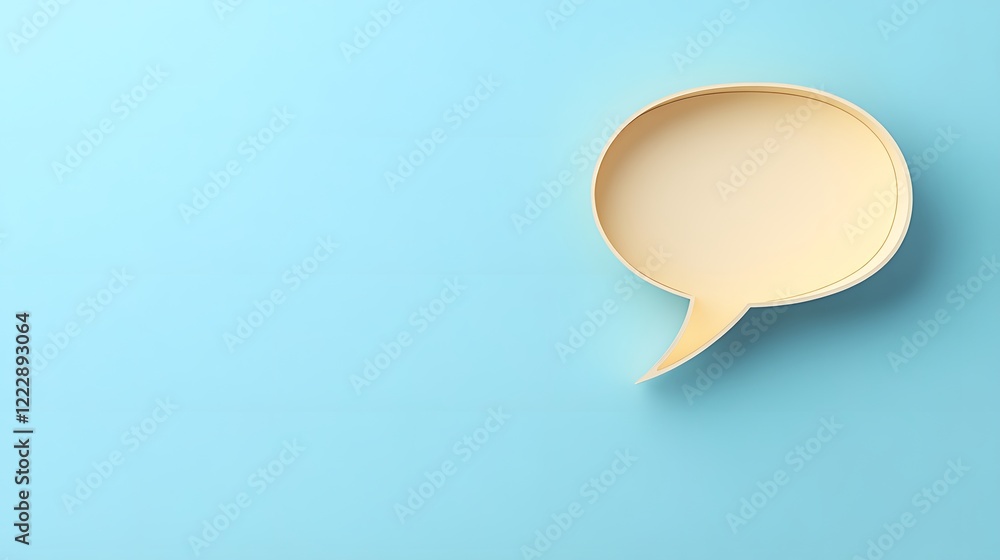 Light blue background features speech bubble cutout in paper craft style, presenting communication concept with beige balloon shape and soft shadow effects. Light blue background features speech bubble cutout in paper craft style, presenting communication concept with beige balloon shape and soft shadow effects.