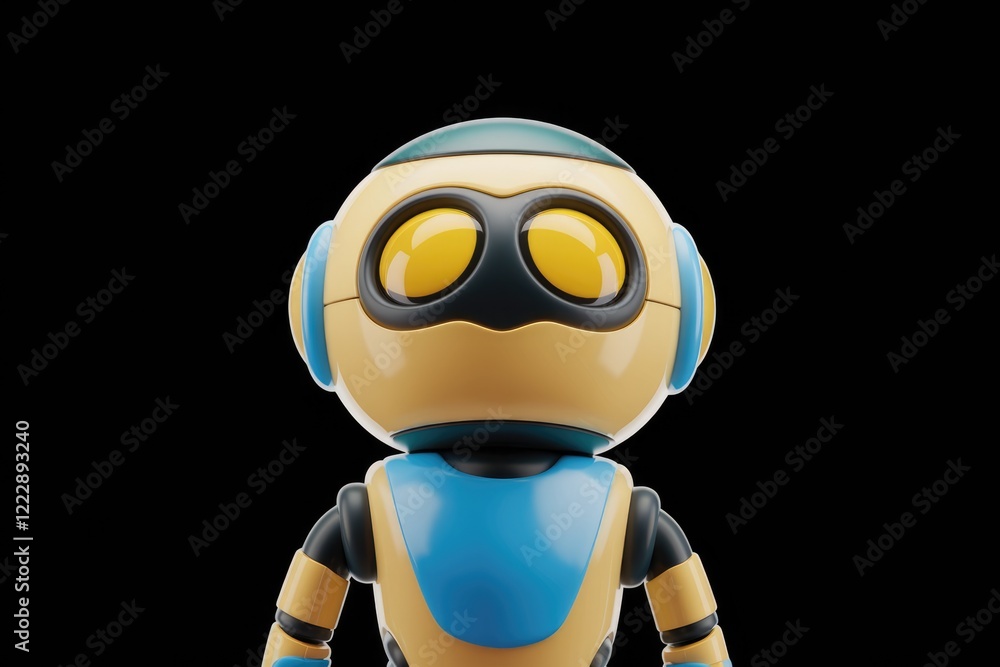 A cute, cartoonish robot with yellow and blue body parts, large yellow eyes, and a sleek design.