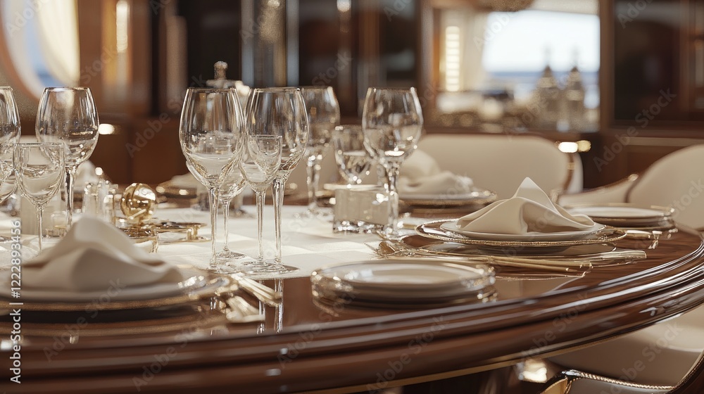 Luxury yacht dining table setting, ocean view, fine dining Luxury yacht dining table setting, ocean view, fine dining