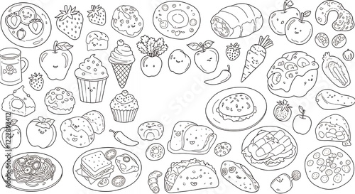 Cute Food Coloring Page Printable Kawaii Snacks and Dishes photo