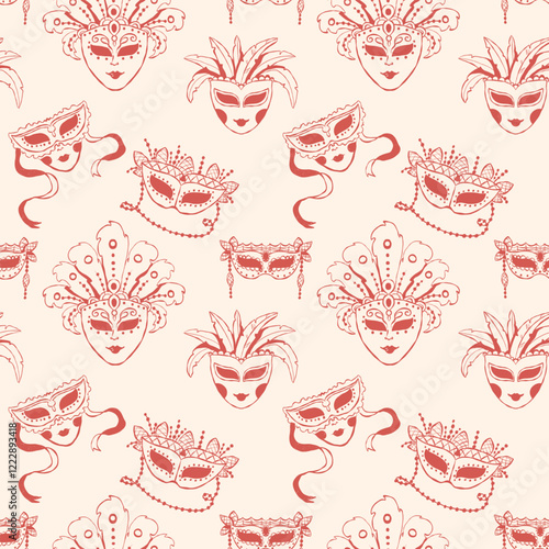 Seamless pattern of hand drawn masks for carnival