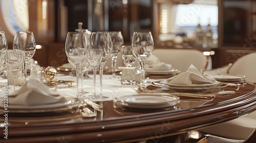 Luxury yacht dining table setting, ocean view, fine dining