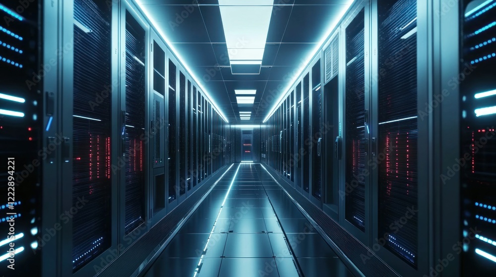 Data center server room corridor, glowing lights, network infrastructure, digital technology Data center server room corridor, glowing lights, network infrastructure, digital technology