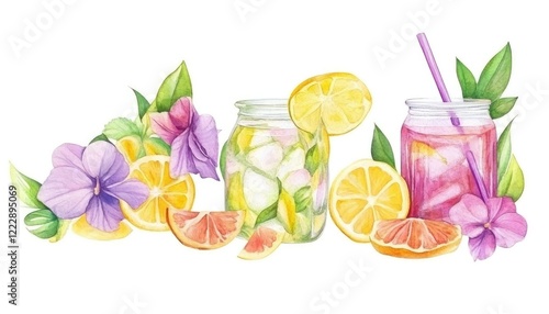Vibrant watercolor illustration of refreshing citrus drinks with flowers and fruits, perfect for summer designs