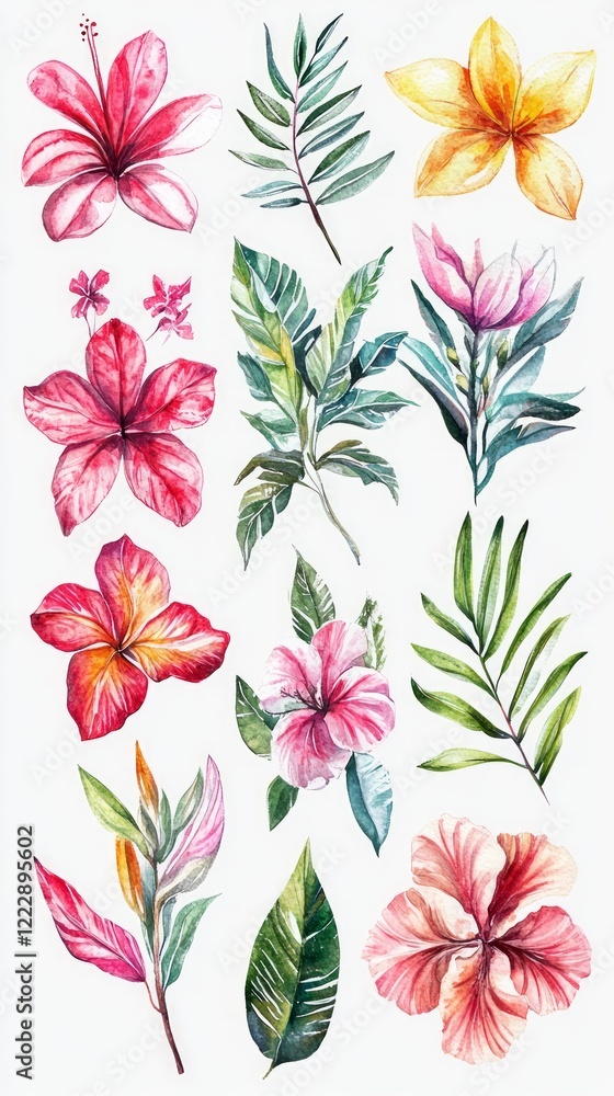Fototapeta premium Watercolor Tropical Flowers and Leaves Collection
