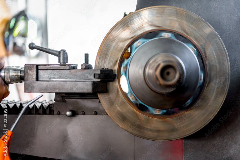 Car mechanic or serviceman disassembly and checking a disc brake and asbestos brake pads for fix and repair problem at car garage or repair shop Car mechanic or serviceman disassembly and checking a disc brake and asbestos brake pads for fix and repair problem at car garage or repair shop