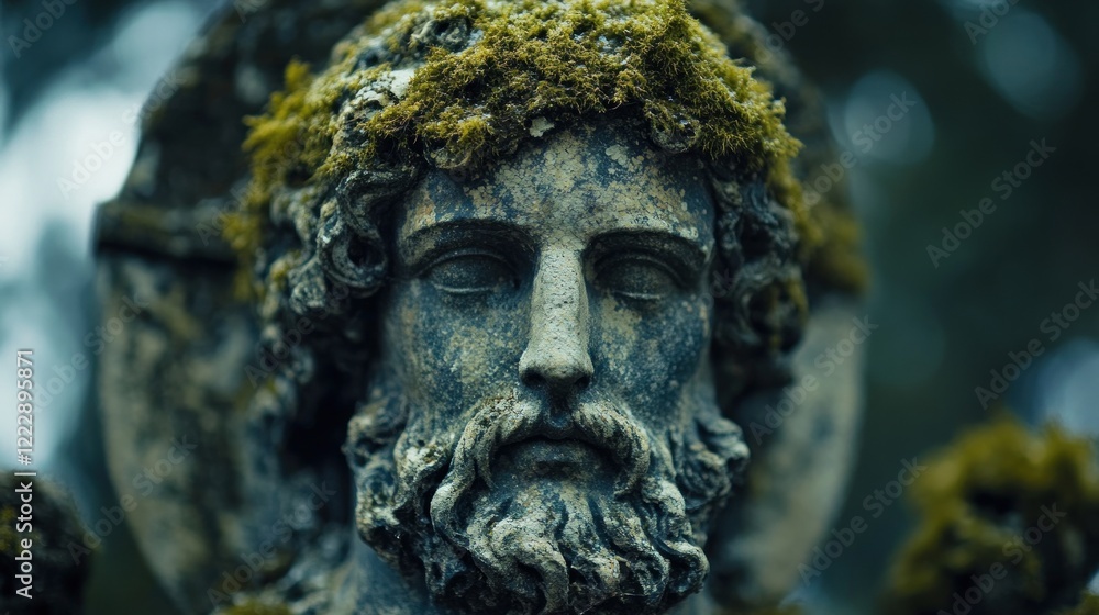 Mossy stone statue head, cemetery, serene, forest background, memorial Mossy stone statue head, cemetery, serene, forest background, memorial