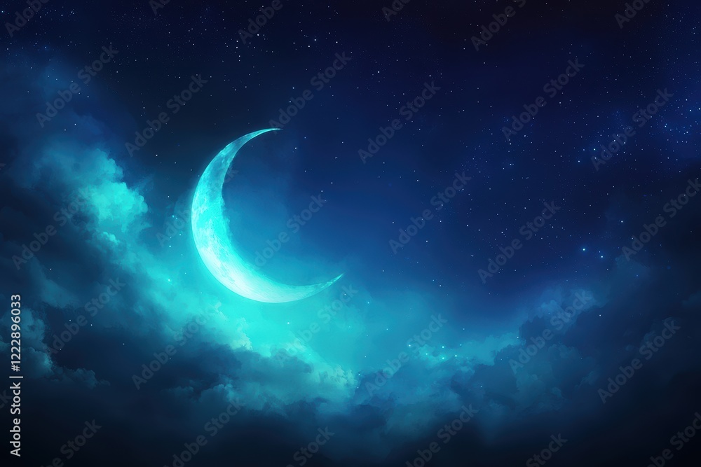 Soft Crescent Moon Glowing Brightly in a Deep Blue Night Sky with Stars Soft Crescent Moon Glowing Brightly in a Deep Blue Night Sky with Stars