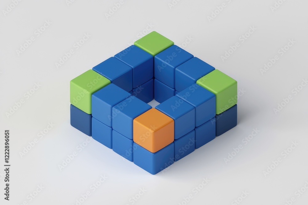 Colorful cubes arranged in a square shape with a central void, showcasing 3D geometric design. Colorful cubes arranged in a square shape with a central void, showcasing 3D geometric design.
