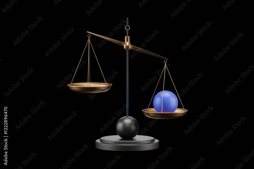 A 3D render of a golden scale with a blue sphere on one side, symbolizing imbalance or comparison. A 3D render of a golden scale with a blue sphere on one side, symbolizing imbalance or comparison.