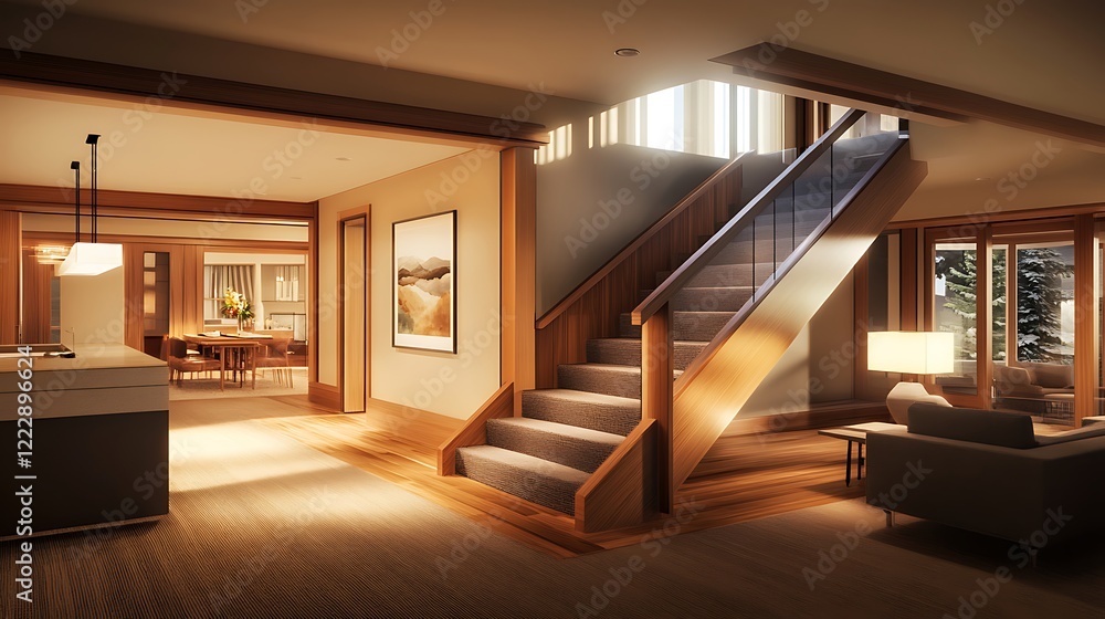 Obraz premium Interior of modern hotel corridor with stairs and sofa