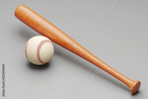Wooden baseball bat and ball on a gray background, ready for the game.